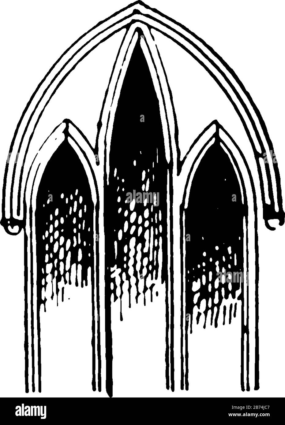 Lancet finestra o Wancet finestre, finestra stretta, Warmington Chiesa, linea d'epoca disegno o incisione illustrazione. Illustrazione Vettoriale