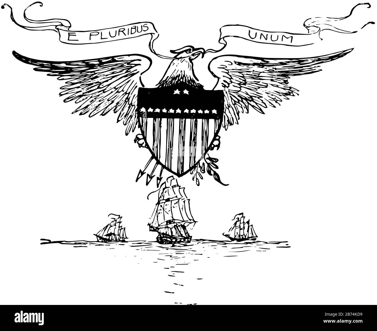 Il motto degli Stati Uniti prima del 1956, questo sigillo ha ampie ali aquila con motto e PLURIBUS UNUM ha scudo al suo petto, e tenendo ramo di albero a Illustrazione Vettoriale