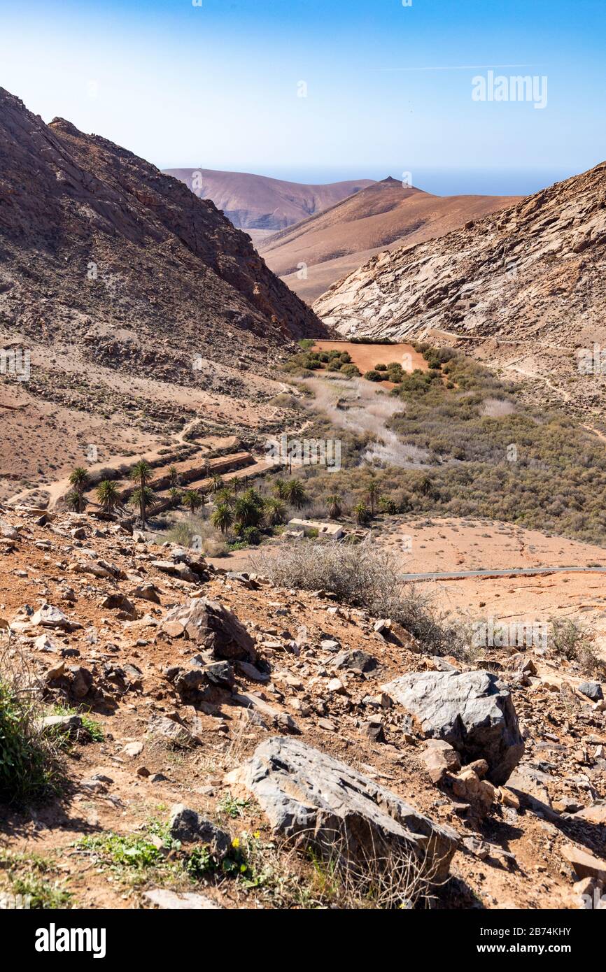 Guardando da Mirador las Penitas sulla ripida e stretta strada di montagna FV-30 tra Pajara e Betancuria sull'isola delle Canarie di Fuerteventura Foto Stock