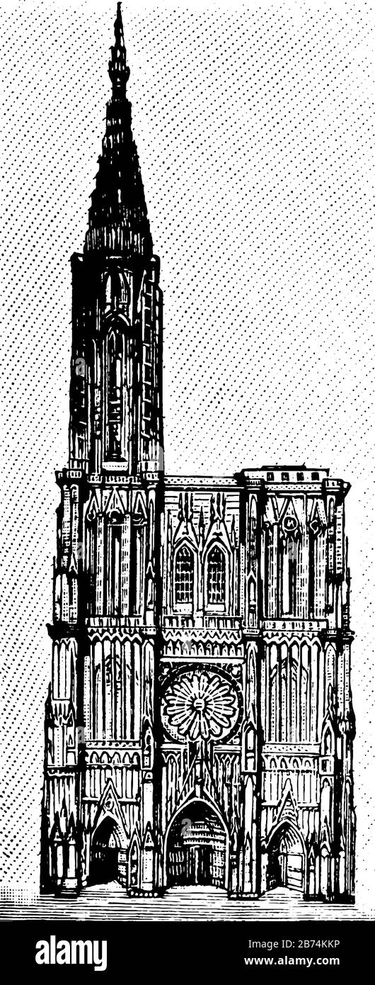 Cattedrale di Strasburgo, Nostra Signora di Strasburgo, Liebfrauenmnster zu Strasburg, Strasburger Mnster, cattedrale cattolica romana, Francia, linea d'epoca drawi Illustrazione Vettoriale
