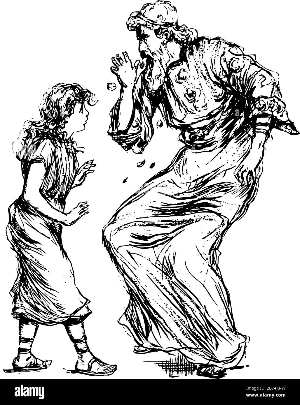 Il tocco d'oro, un vecchio uomo tosse e monete d'oro che esce dalla sua bocca, una bambina che guarda il suo volto, linea d'annata disegno o incisione Illustrazione Vettoriale