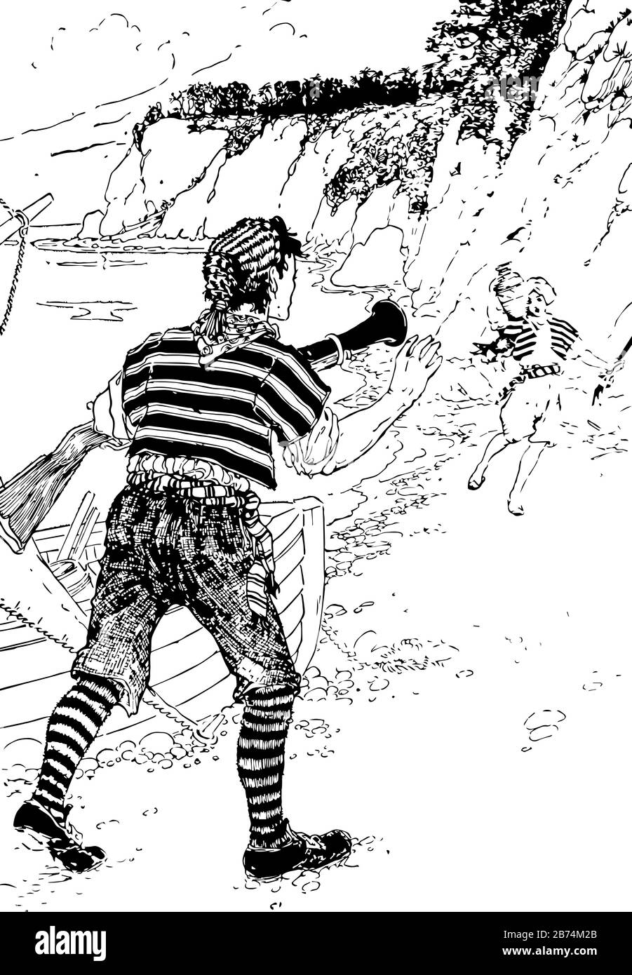 Venerdì e suo padre, questa scena mostra un uomo con pistola, e donna con vaso di fronte a lui, navi e mare in background, linea vintage disegno o engra Illustrazione Vettoriale