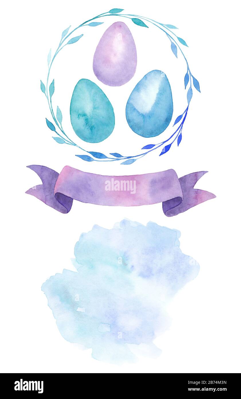 Insieme di elementi acquerelli di Pasqua felice, uova colorate con corona di foglie, banner nastro viola, spot astratto, biglietto di auguri, isolato su bianco Foto Stock