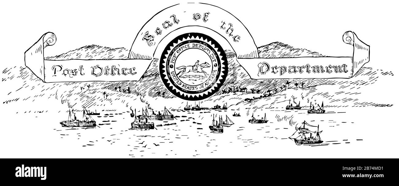 Il sigillo degli Stati Uniti dell'ufficio postale, questo sigillo ha un uomo che cavalca cavallo in cerchio al centro, navi e mare sotto, linea vintage disegno o e. Illustrazione Vettoriale