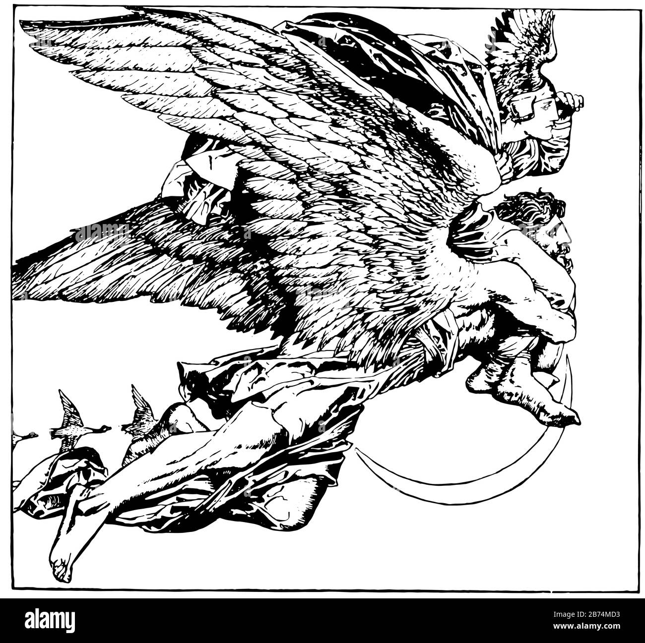 North Wind, questa scena mostra un uomo con ali che volano in aria e porta un altro uomo sulla schiena, uccelli volanti in background, vintage linea disegno o e. Illustrazione Vettoriale