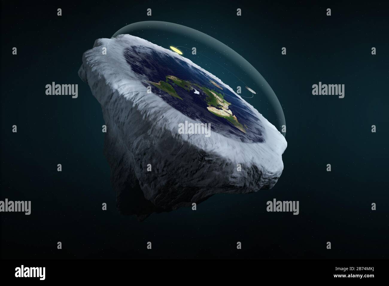 Rappresentazione grafica 3D. Teoria della terra piatta con atmosfera, sole, luna e copertura di vetro. Antica mitologia credenza in planare globo in forma di disco. Foto Stock