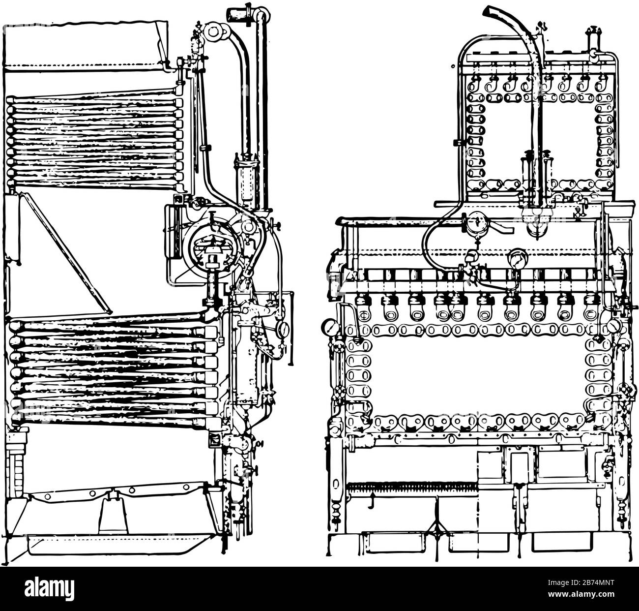 Questa illustrazione rappresenta Una Caldaia Belleville che è un serbatoio  per la generazione di vapore sotto pressione in un motore a vapore, disegno  di linea vintage o incisione Immagine e Vettoriale -