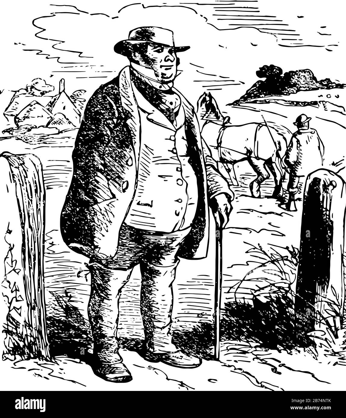 Casa che Jack BuiltFarmer, questa foto mostra un uomo in tuta con cappello sulla testa in piedi in fattoria e tenendo bastone in una mano, un agricoltore che lavora in lontanio Illustrazione Vettoriale