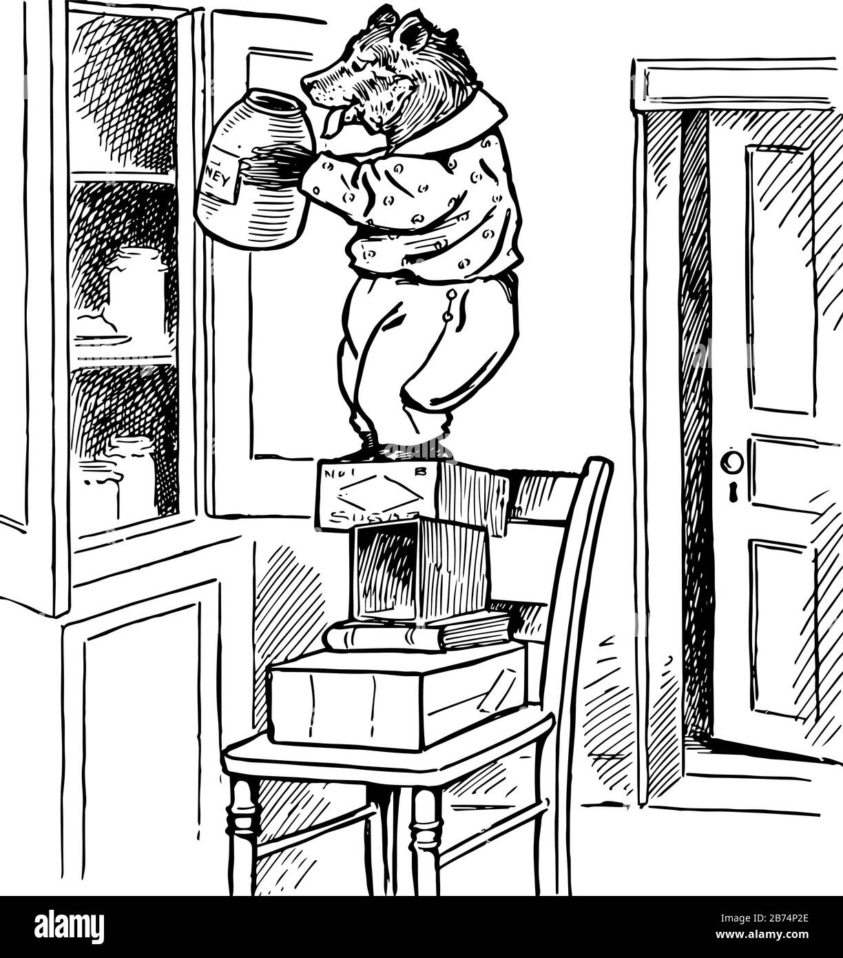 Un orso bambino in piedi sui libri tenuti sulla sedia e tenendo il vaso di miele, l'orso del bambino ha preso il vaso di miele dalla cremagliera, disegno di linea d'annata o illustrazione di incisione Illustrazione Vettoriale