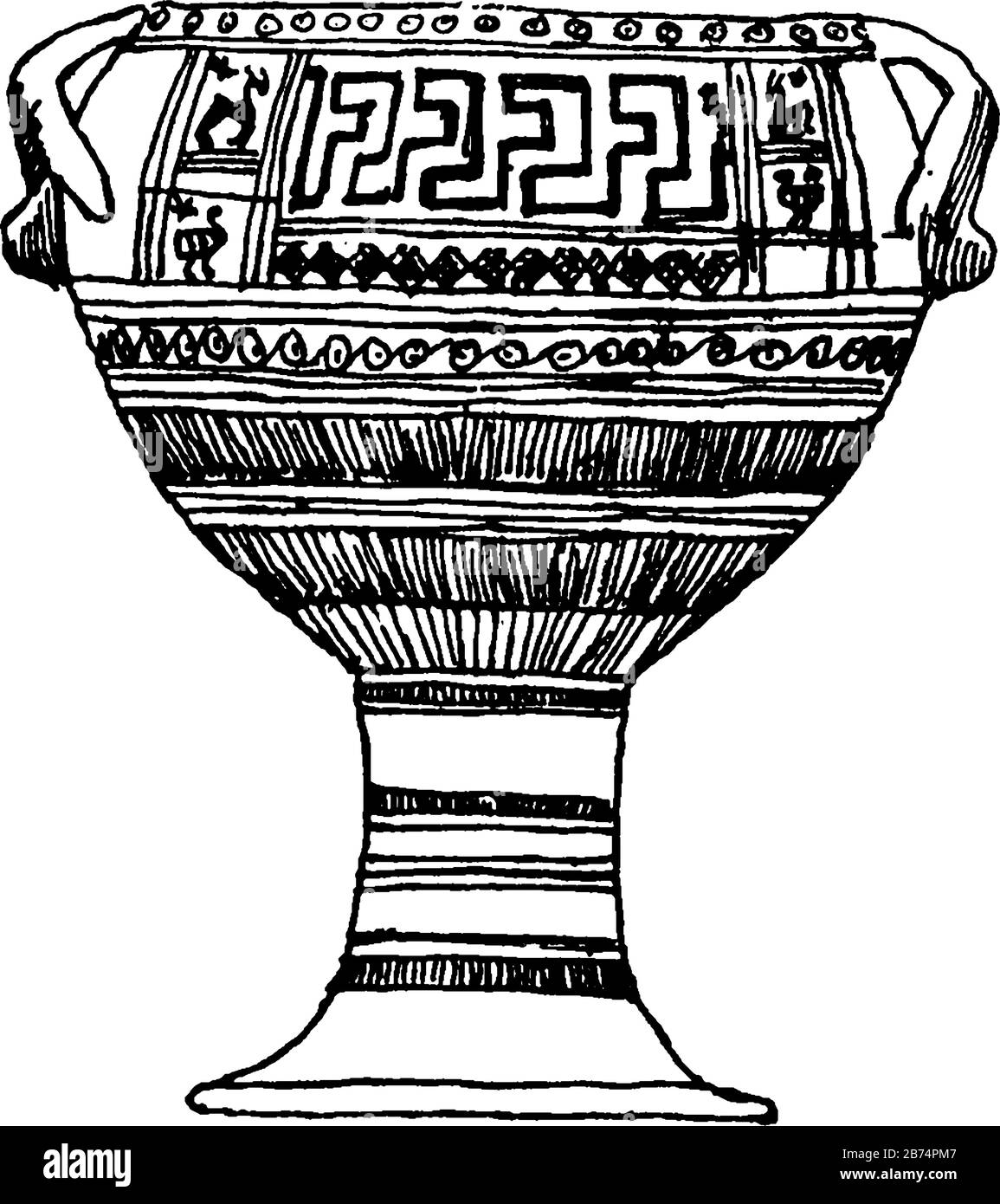 Vaso greco, è un vaso Di stile Geometrico, il numero di vasi in stile sottile trovati vicino alla porta Dipylon di Atene, linea d'epoca disegno o incisione il Illustrazione Vettoriale