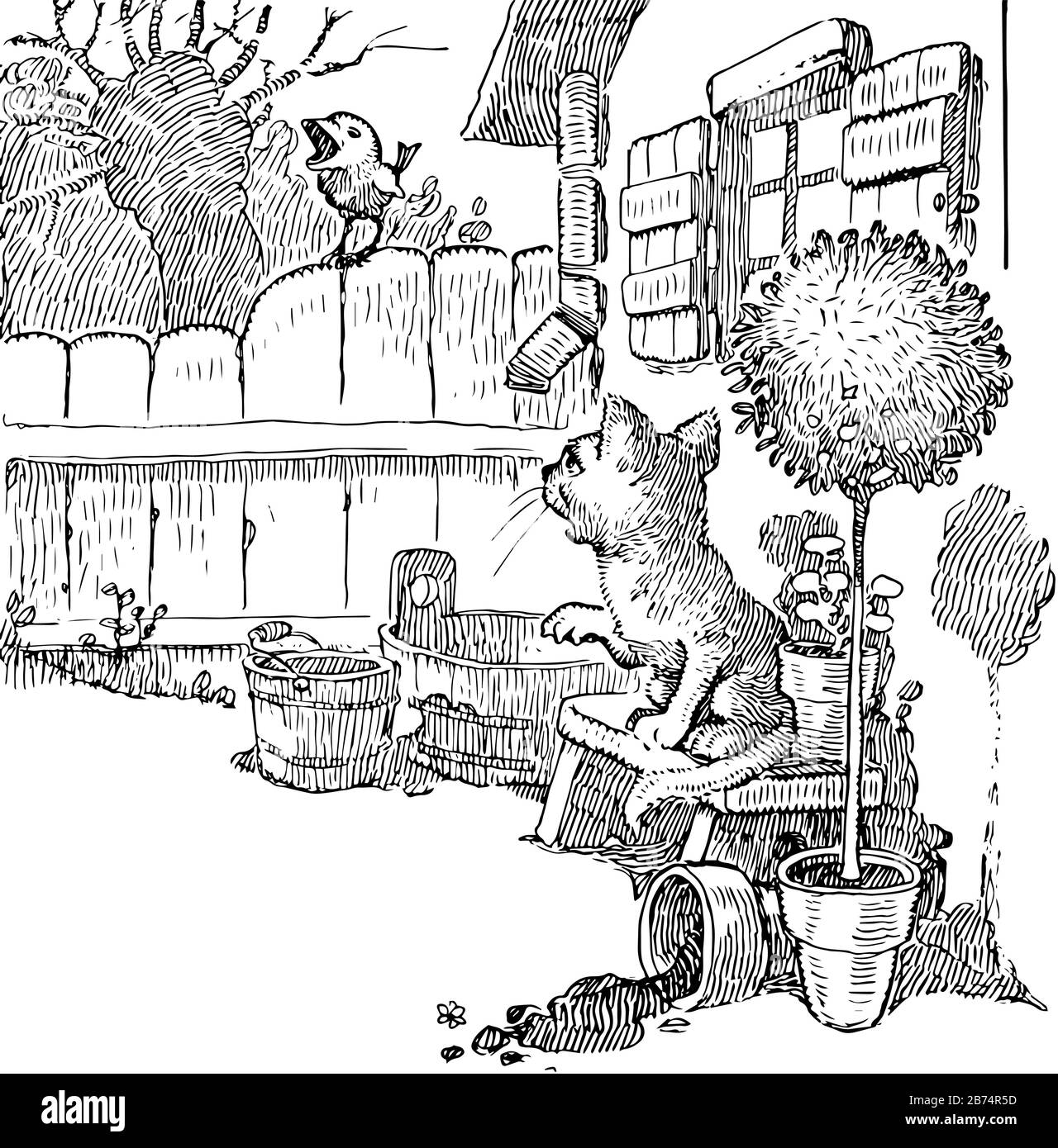 Un cartone animato di un gatto che dà il consiglio ad un uccello su una recinzione, come il nome suggerisce questa scena mostra un gatto che dà il consiglio ad un uccello su una recinzione, albero e piccola pianta Illustrazione Vettoriale