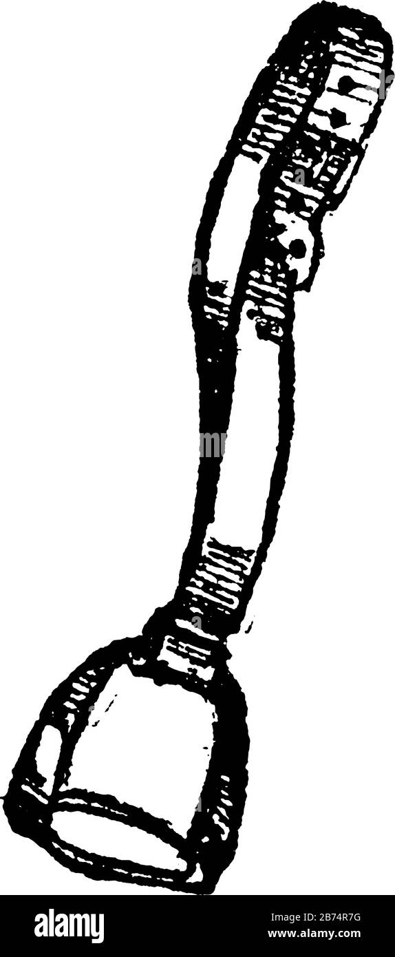 Questa illustrazione rappresenta Stirrup che è fissato alla sella, al disegno di linea vintage o all'illustrazione di incisione. Illustrazione Vettoriale