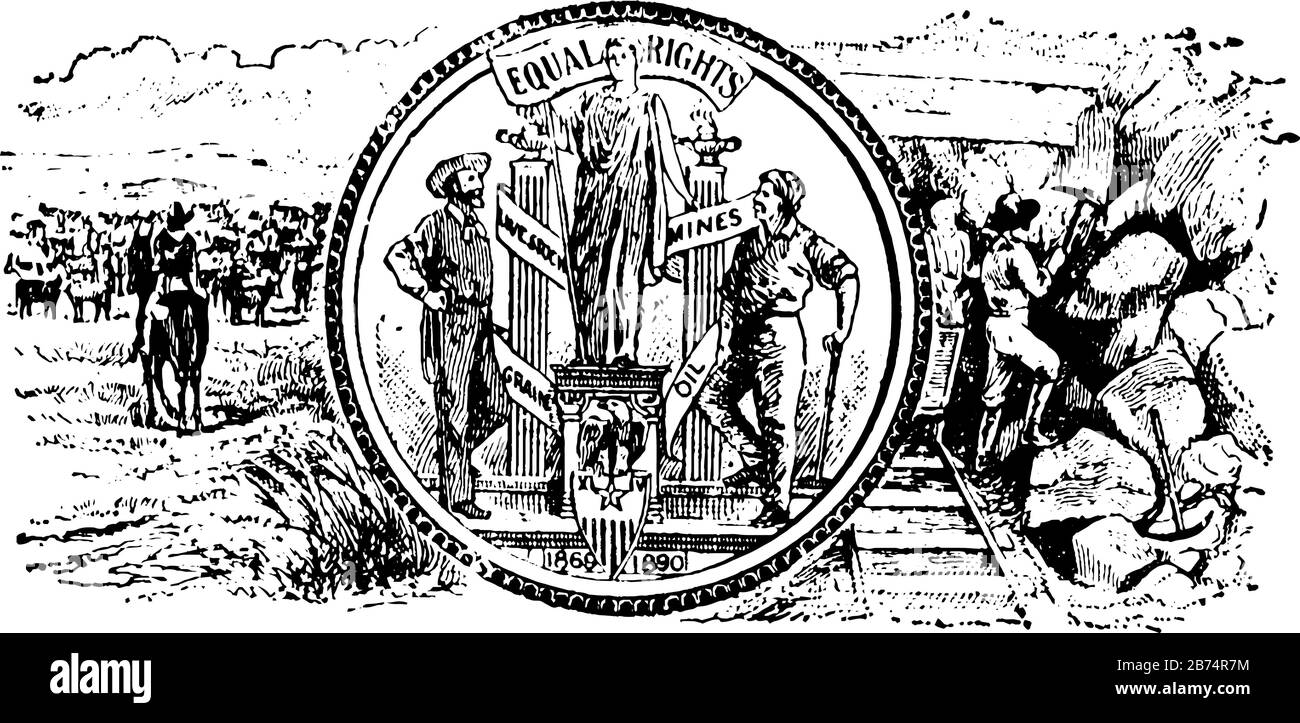 Sigillo del territorio del Wyoming, 1904, questa foca ha minatori e cavalieri cavalli in background, ha anche due uomini su entrambi i lati della statua, aquila e s. Illustrazione Vettoriale