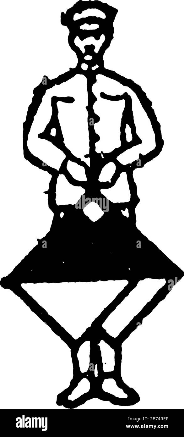 Segnale di bandiera per un intervallo, un uomo che tiene due bandiere uno dietro l'altro ma croce, centro del suo corpo, linea vintage disegno o incisione illusta Illustrazione Vettoriale