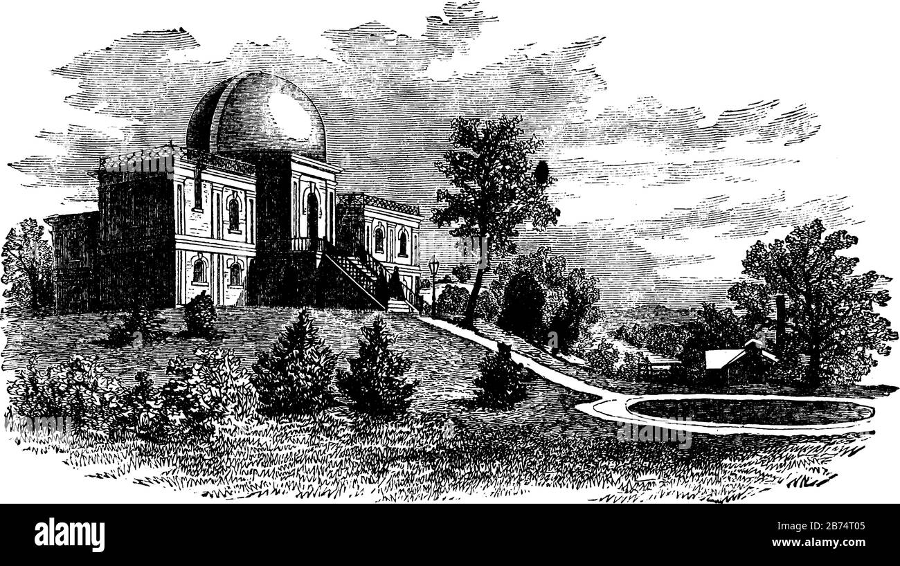 Vassar Observatory si trova presso il Vassar College di New York, disegno o illustrazione di incisioni di linee d'epoca. Illustrazione Vettoriale