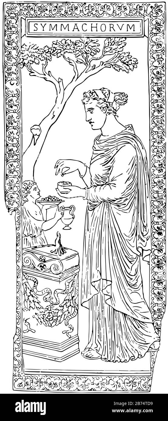 Ivory Carving e' una foglia di un dittico, probabilmente circa 4 ° secolo, e' una collezione del South Kensington Museum, un disegno di linea d'epoca o un'incisione il Illustrazione Vettoriale