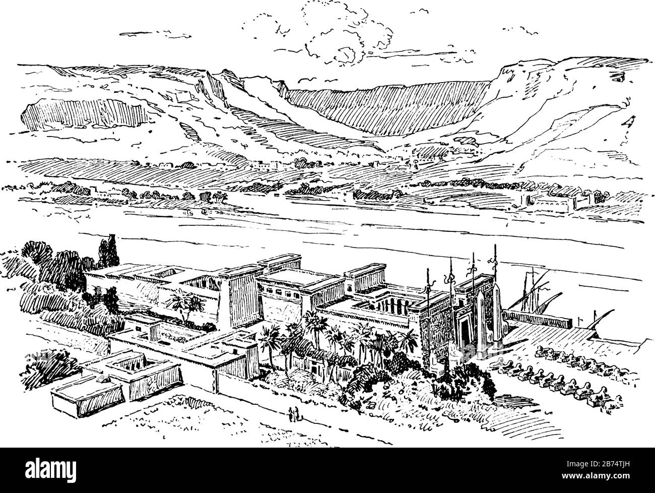 Tempio egiziano o templi di Karnak, storia, religione, templi, disegno di linee d'epoca o illustrazione di incisioni. Illustrazione Vettoriale