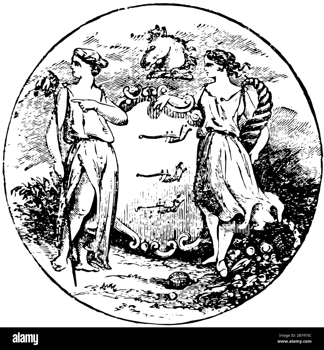 Il sigillo ufficiale dello stato del New Jersey negli Stati Uniti nel 1889, questo sigillo a forma di cerchio ha scudo con tre aratri, casco frontale, testa di cavallo e t Illustrazione Vettoriale
