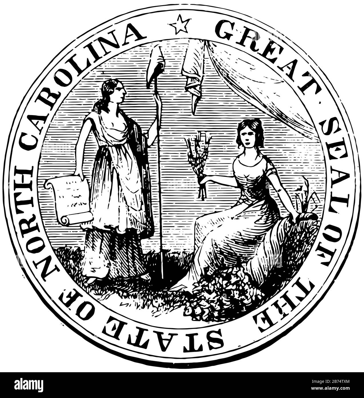 Grande Sigillo dello Stato della Carolina del Nord. Lossing, 1851, questo sigillo ha due figure femminili rivolte l'una verso l'altra, una femmina seduta su holdi corno Illustrazione Vettoriale