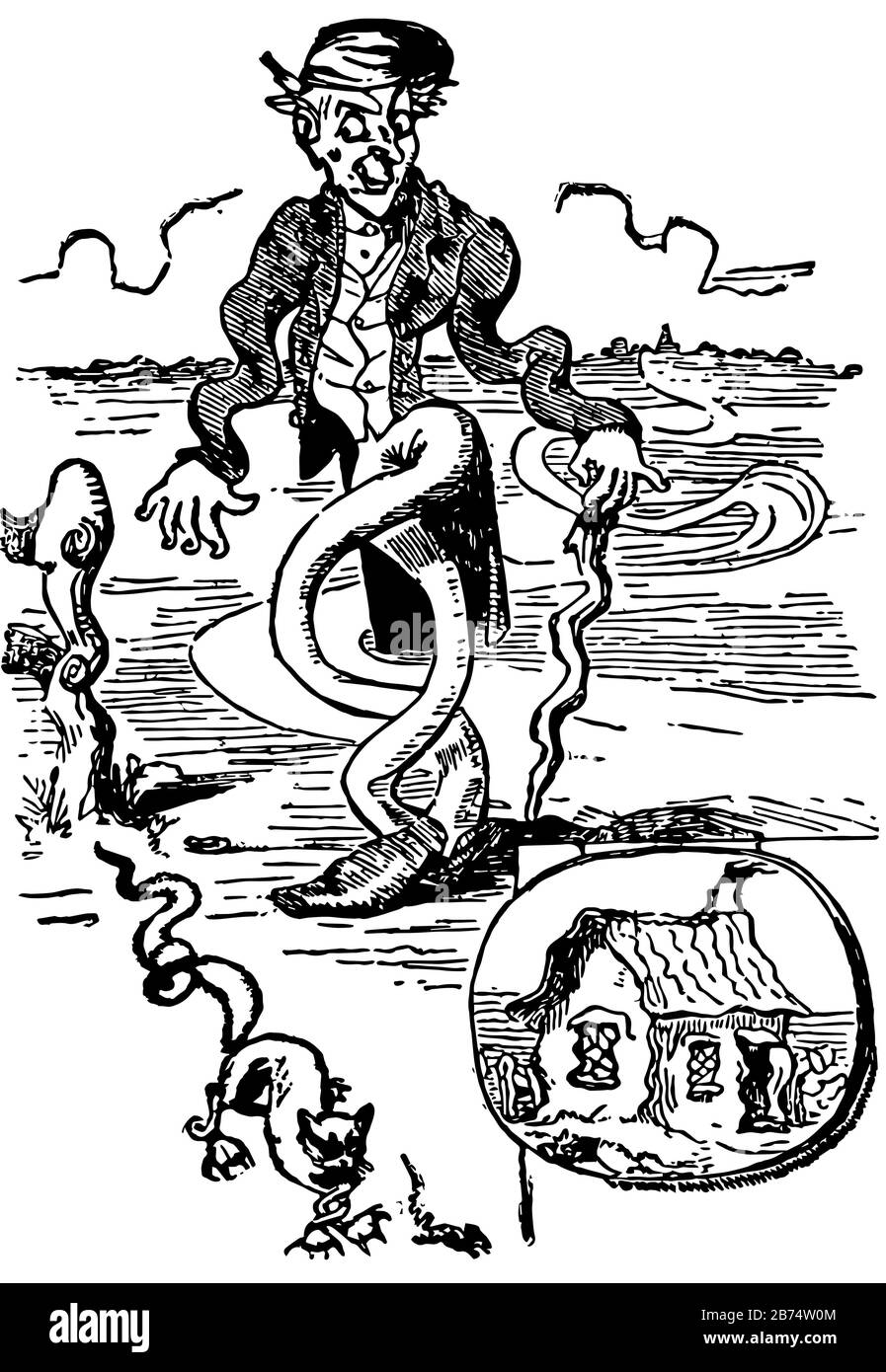 Uomo Crooked, questa scena mostra l'uomo e il gatto accovacciati seduti a terra, e una casa, linea d'epoca disegno o incisione illustrazione Illustrazione Vettoriale