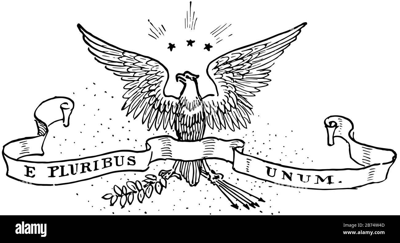 Il motto degli Stati Uniti prima del 1956, questo sigillo ha ampie ali aquila con motto e PLURIBUS UNUM, e tenendo ramo di albero e frecce, 3 stelle su Illustrazione Vettoriale