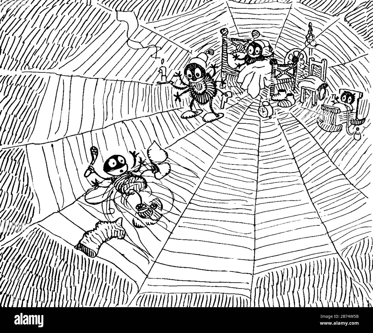 Ragni su un web con un ragno bloccato in esso, linea vintage disegno o incisione illustrazione Illustrazione Vettoriale