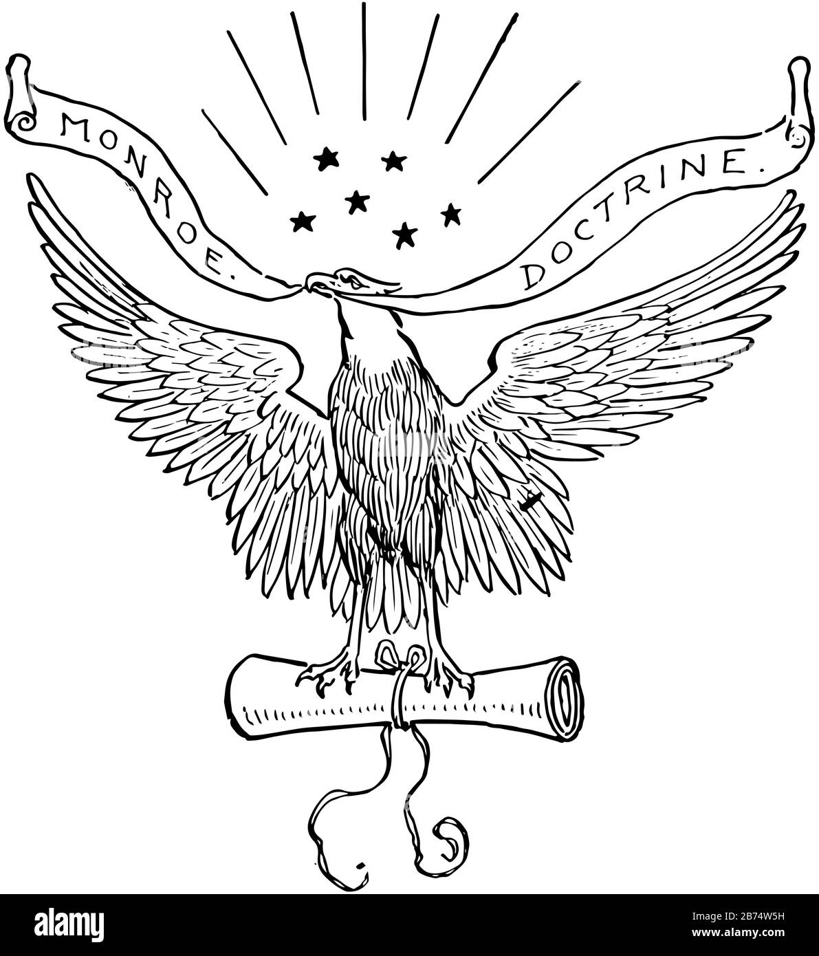 Monroe Dottrine, questo sigillo ha ampie ali aquila che tiene carta rotolo e stelle in cima Eagle, DOTTRINA MONROE scritto su sigillo, linea vintage disegno Illustrazione Vettoriale