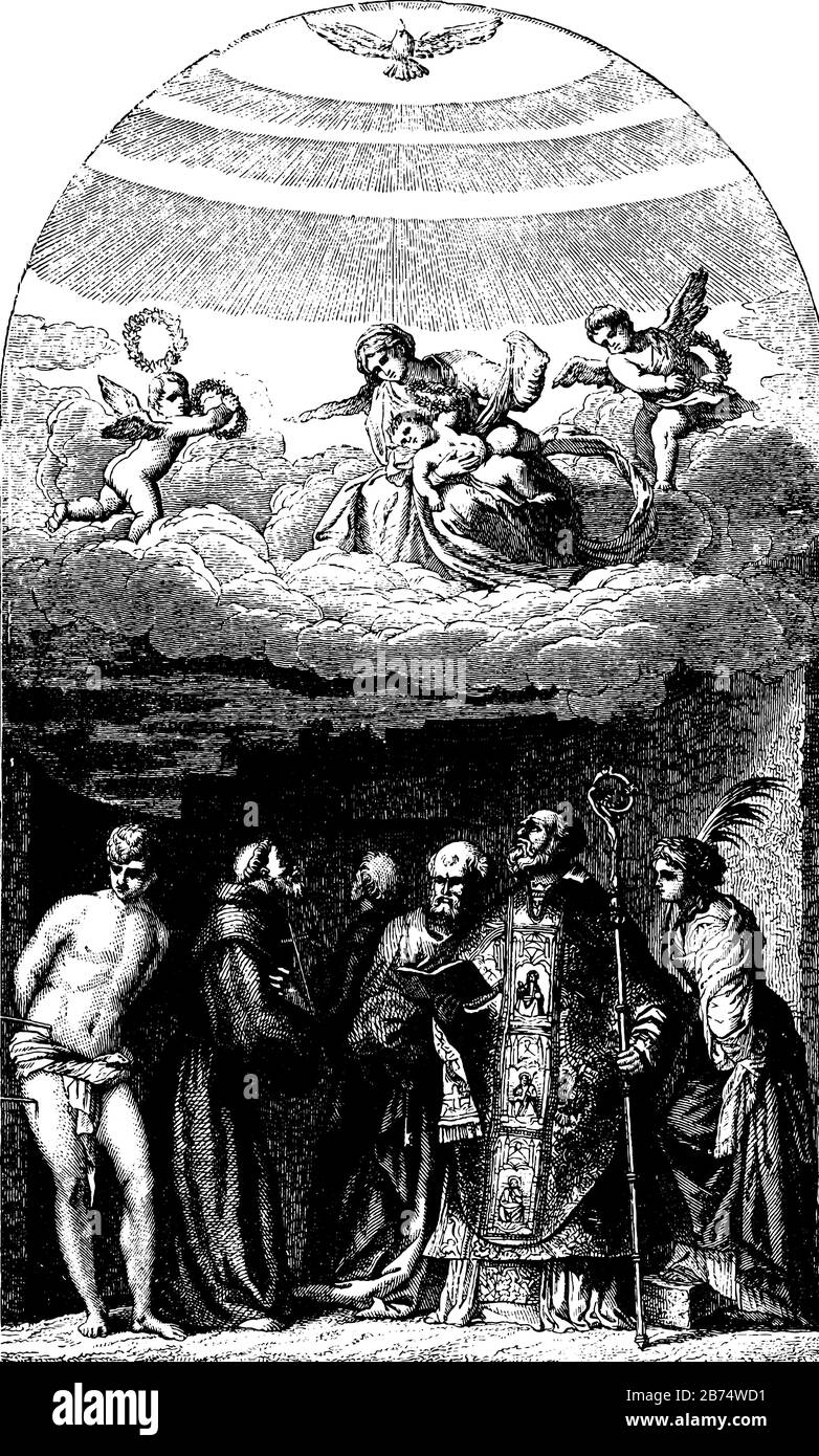 San Sebastiano è un grande esempio delle sue tecniche di olio su tela, disegno di linea vintage o illustrazione di incisione. Illustrazione Vettoriale