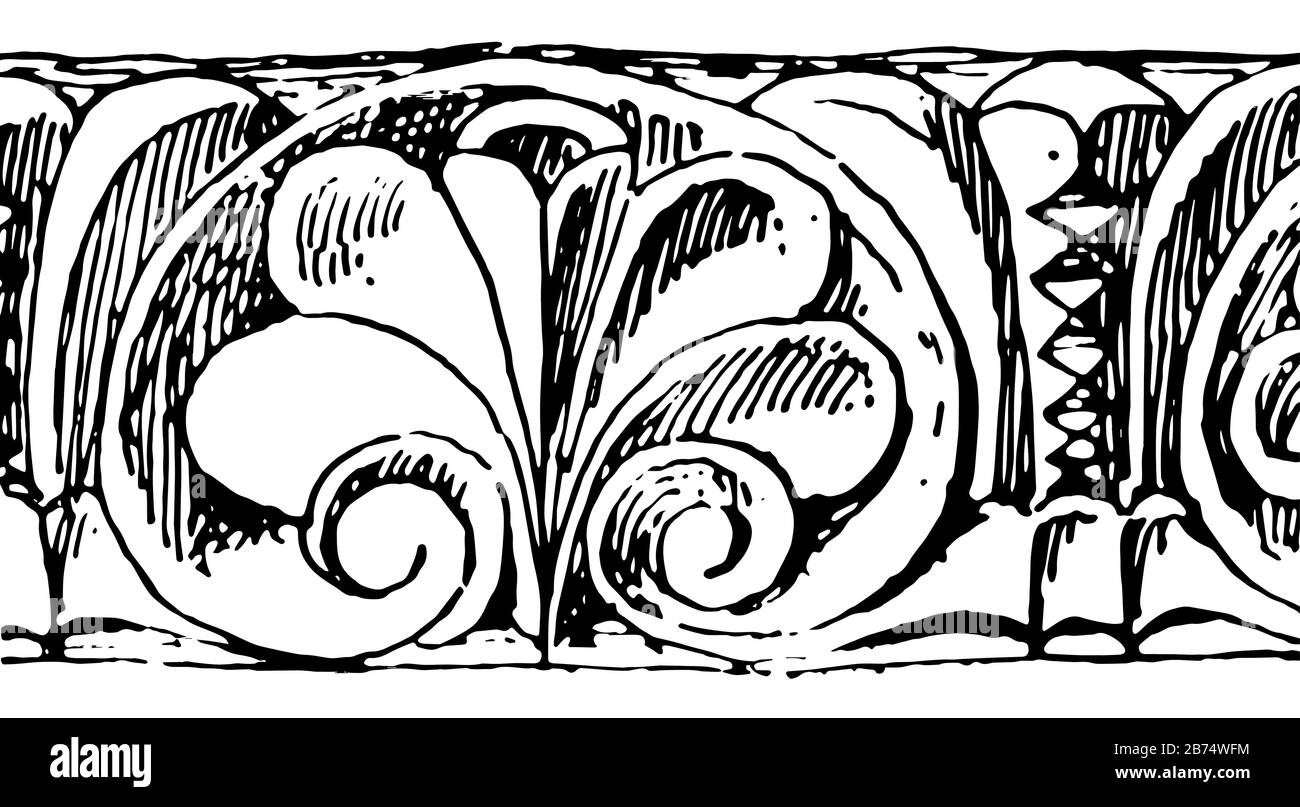 Il Motivo romanico è uno stampo antemico da Hereford, Inghilterra è tradizionalmente, architettura normanna, disegno linea vintage o illustrazione di incisione. Illustrazione Vettoriale