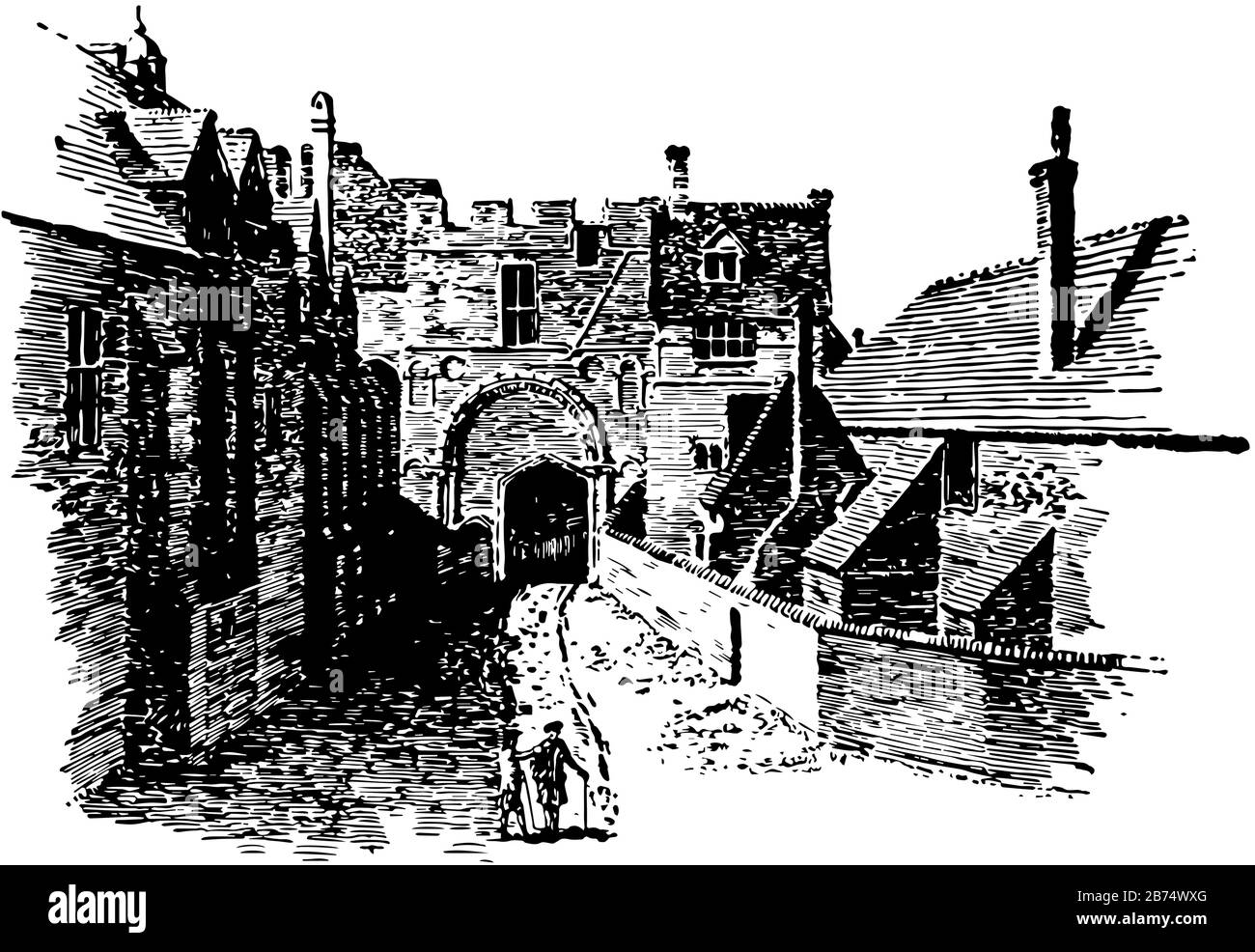 Green Court Gate, architettura, chiesa, Inghilterra, Cattedrale, disegno o illustrazione di incisioni vintage Illustrazione Vettoriale