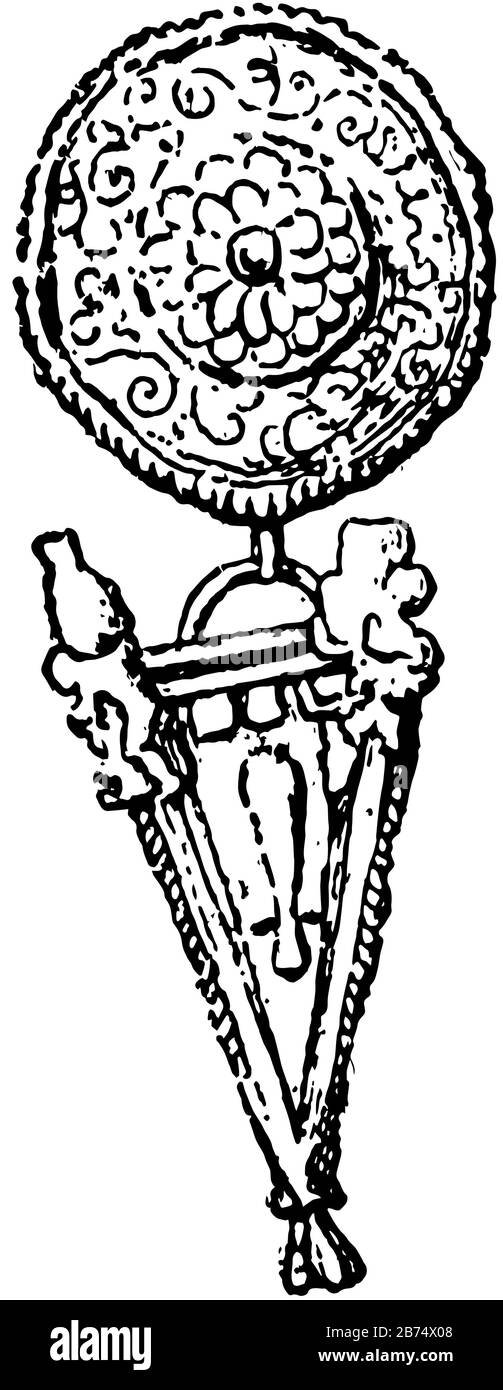 L'Orecchini italo-greco mostra grande artigianato, disegno di linea vintage o illustrazione dell'incisione. Illustrazione Vettoriale