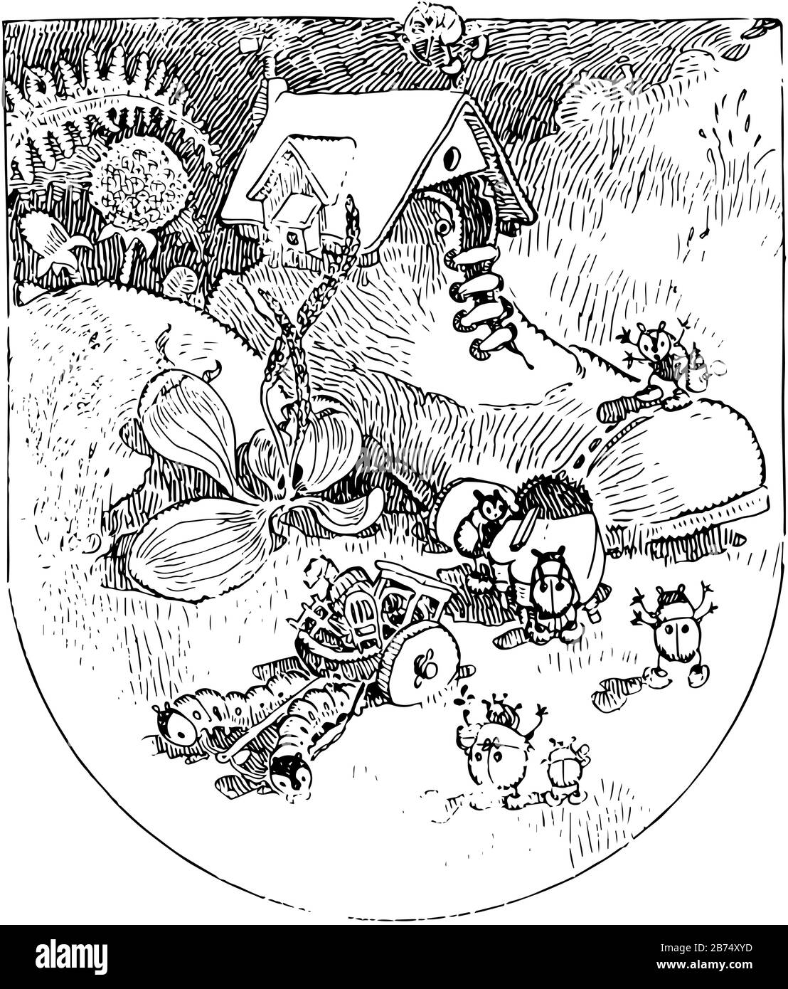 Uno stivale trasformato in una casa da piccoli insetti, come il nome suggerisce questa scena mostra uno stivale trasformato in una casa da piccoli insetti, linea vintage disegno o eng Illustrazione Vettoriale