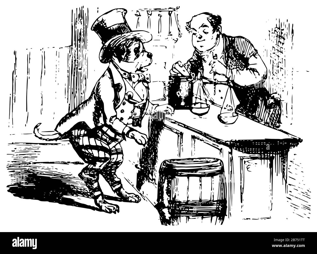 Buff, questa scena mostra un animale in abito umano è venuto al negozio e un uomo che mette qualcosa in bilancia che è tenuto a tavola, linea d'epoca disegnare Illustrazione Vettoriale