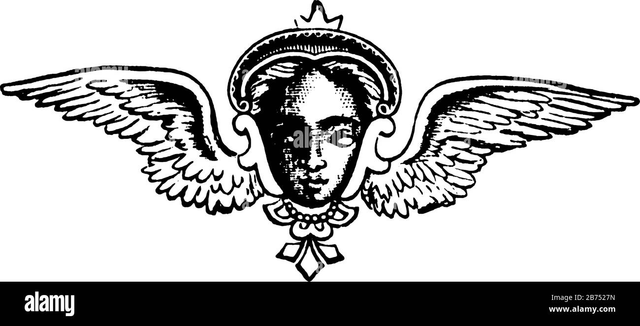 La testa alata ha una faccia al centro delle ali nel suo design, disegno o incisione vintage line. Illustrazione Vettoriale