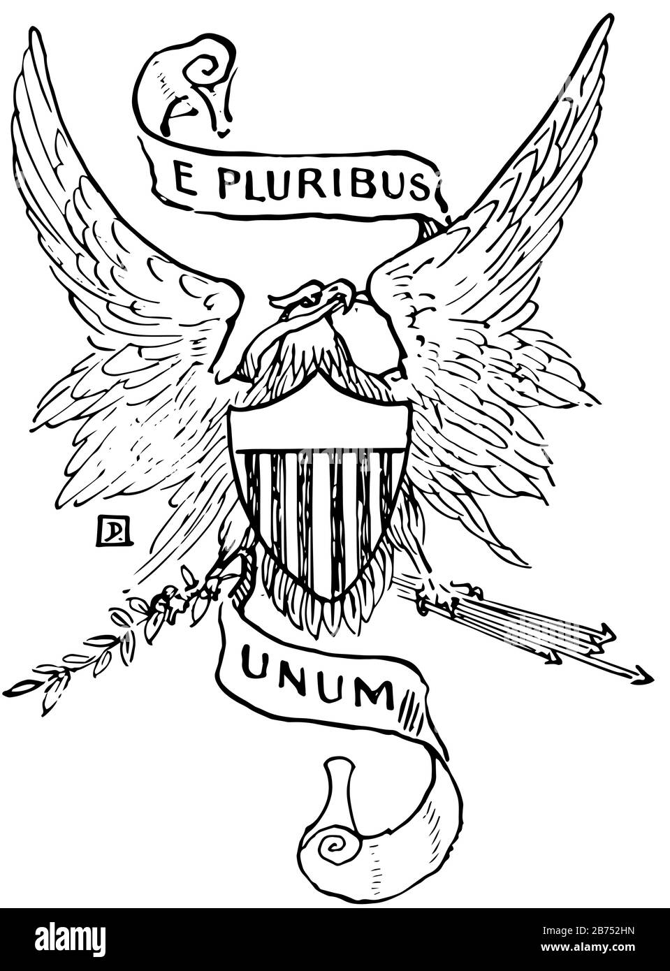Il motto nazionale degli Stati Uniti d'America prima del 1956, questo sigillo ha ampie ali aquila con motto e PLURIBUS UNUM ha scudo al suo petto, un Illustrazione Vettoriale