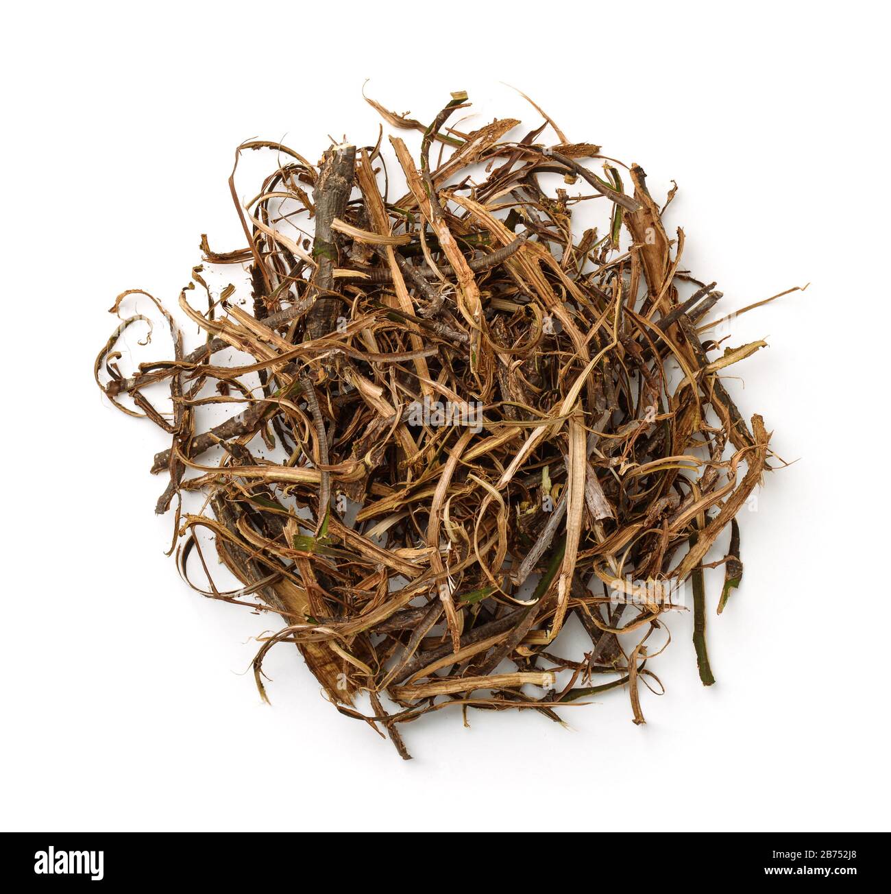 Vista dall'alto delle strisce di corteccia di quercia secca isolate su bianco Foto Stock