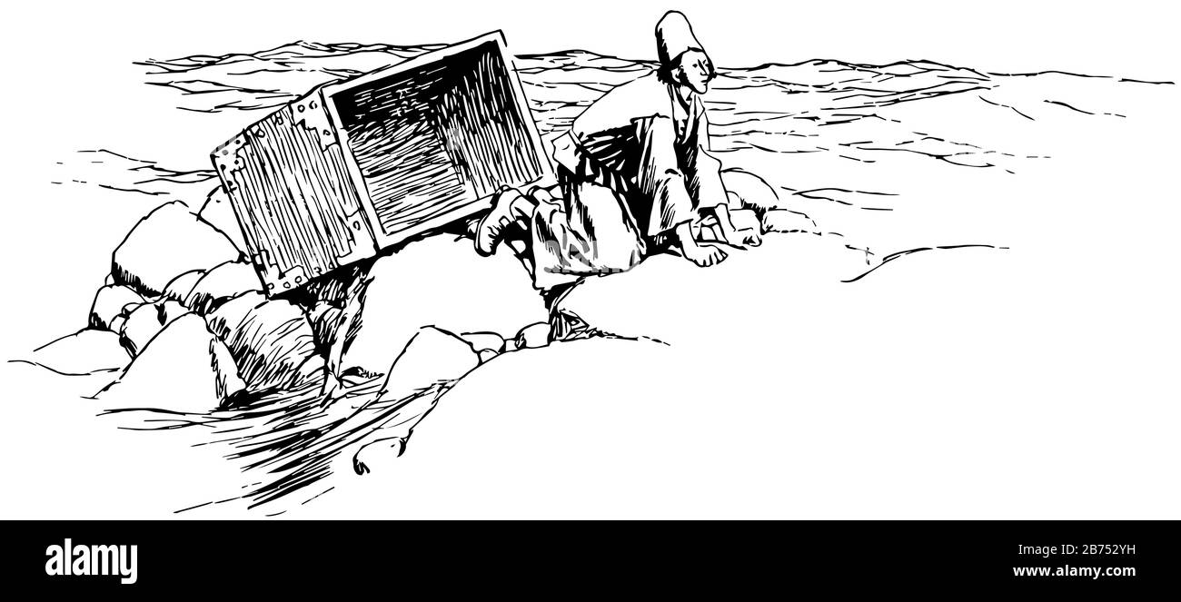 Destino Wills, questa scena mostra un uomo seduto su roccia e scatola dietro di lui, mare in background, linea vintage disegno o incisione illustrazione Illustrazione Vettoriale
