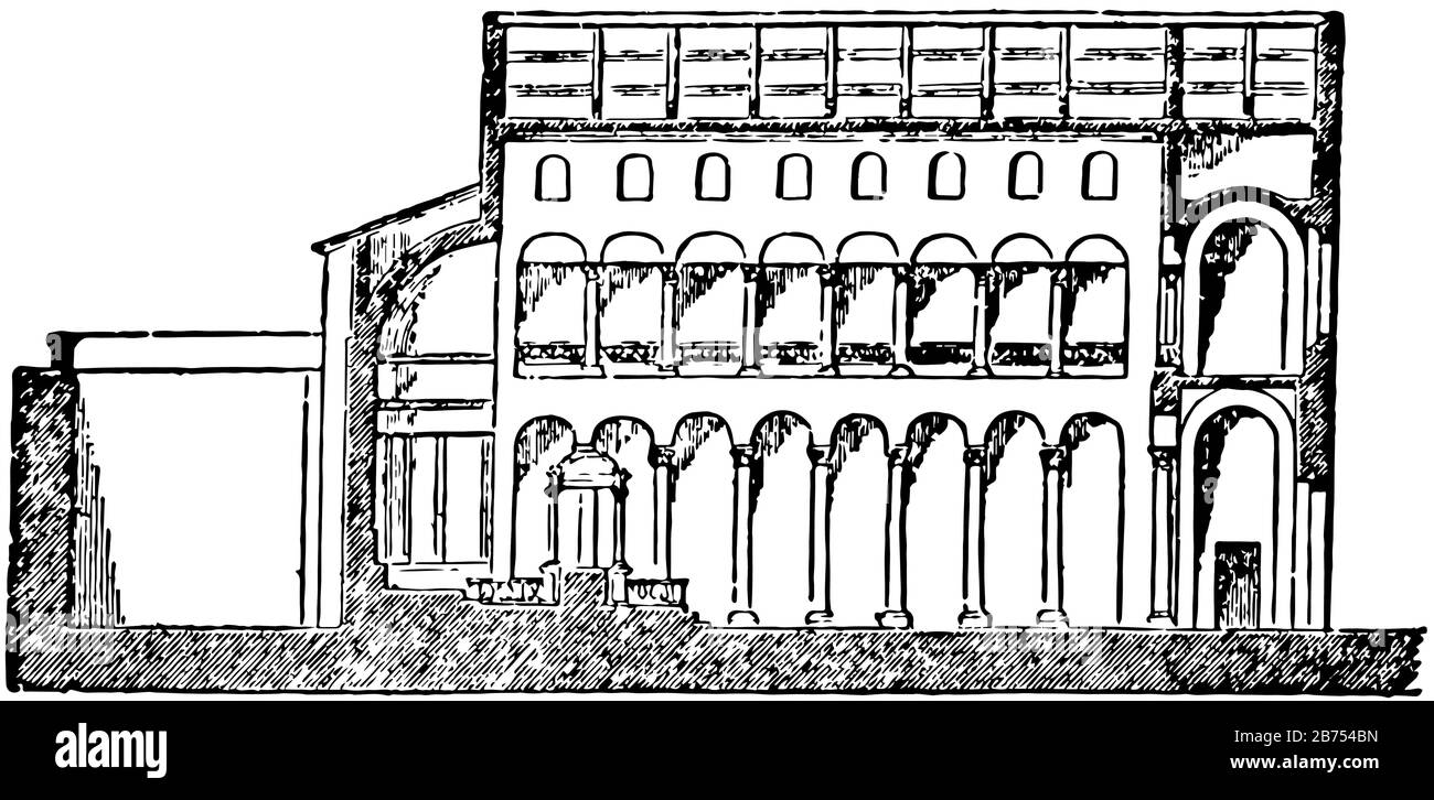 Basilica, il nome è stato applicato alle chiese cristiane, la costruzione piano divenne meno dominante in nuovi edifici, disegno linea vintage o incisione illustrazione. Illustrazione Vettoriale