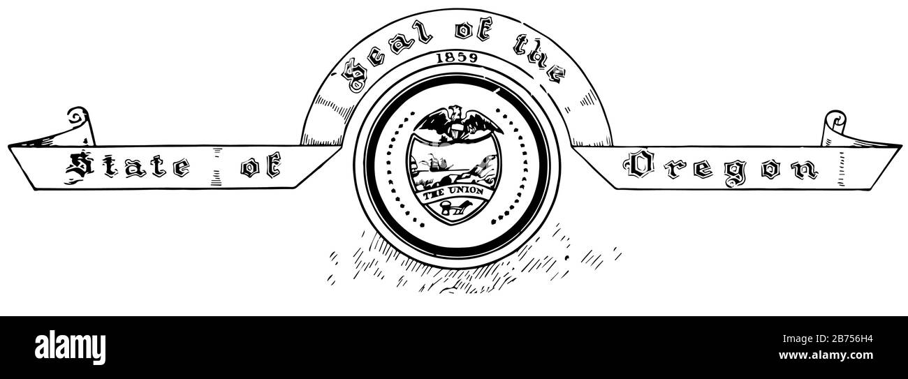 Il sigillo americano dell'Oregon, questo sigillo ha aquila con le ali larghe con lo scudo al suo petto, ha anche navi, mare, aratro, guaine, L'UNIONE è writ Illustrazione Vettoriale