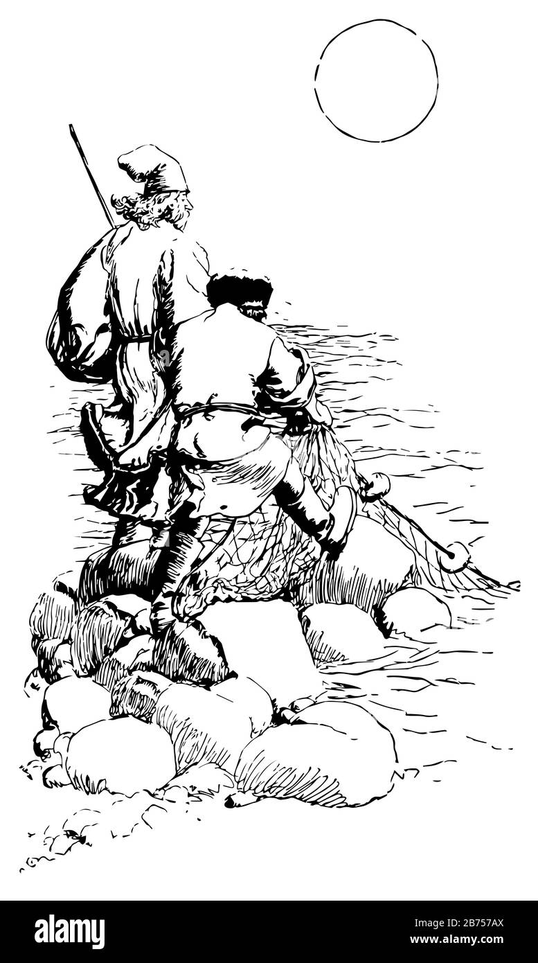 Lay la Colpa, questa scena mostra due uomini in piedi sulle rocce in acqua con rete da pesca, il sole in background, linea d'annata disegno o incisione illustra Illustrazione Vettoriale Lay la Colpa, questa scena mostra due uomini in piedi sulle rocce in acqua con rete da pesca, il sole in background, linea d'annata disegno o incisione illustra Illustrazione Vettoriale