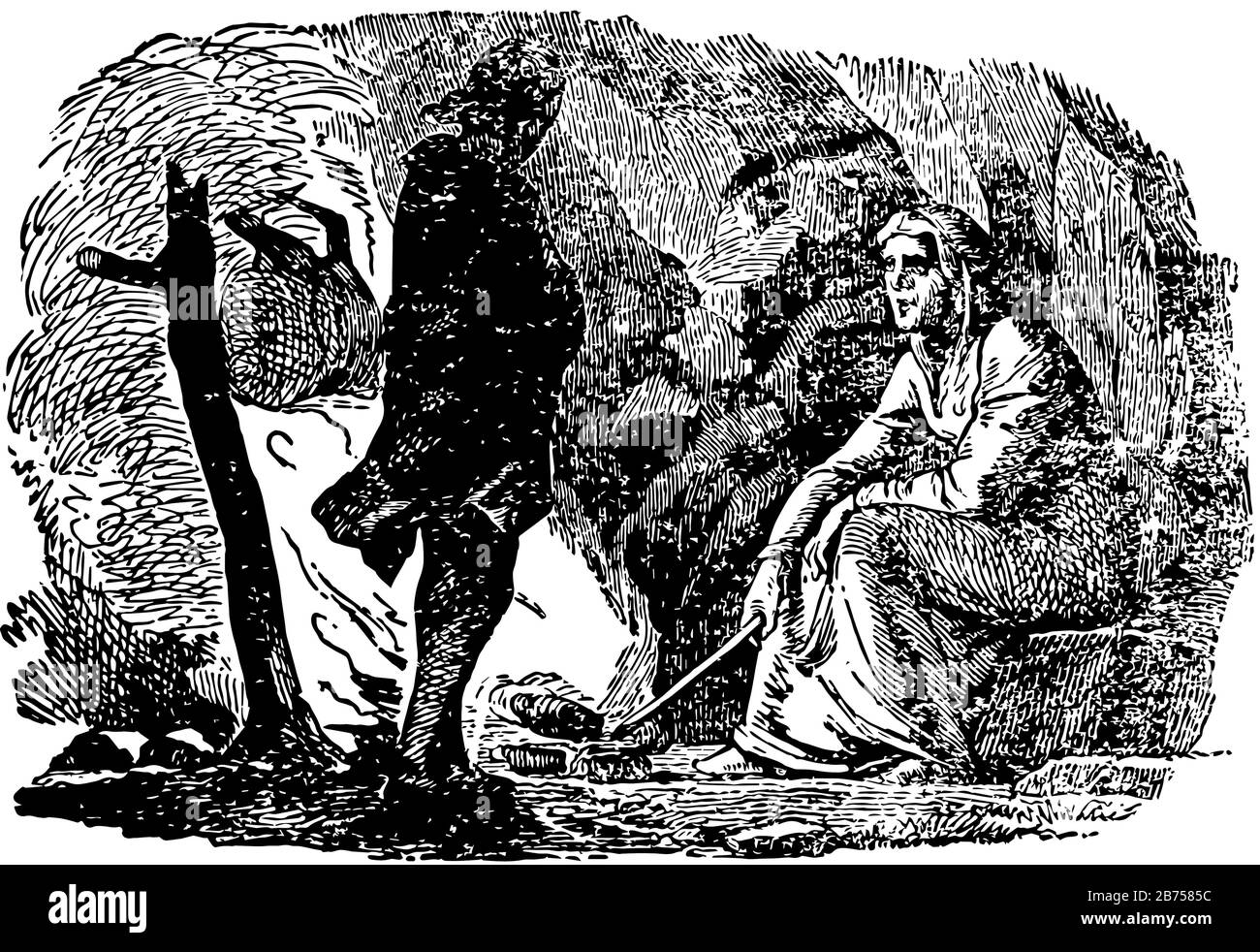 Il Giardino del Paradiso, questa scena mostra due uomini stanno parlando, un uomo è seduto e un altro uomo è in piedi accanto a lui, linea vintage disegno o Engr Illustrazione Vettoriale
