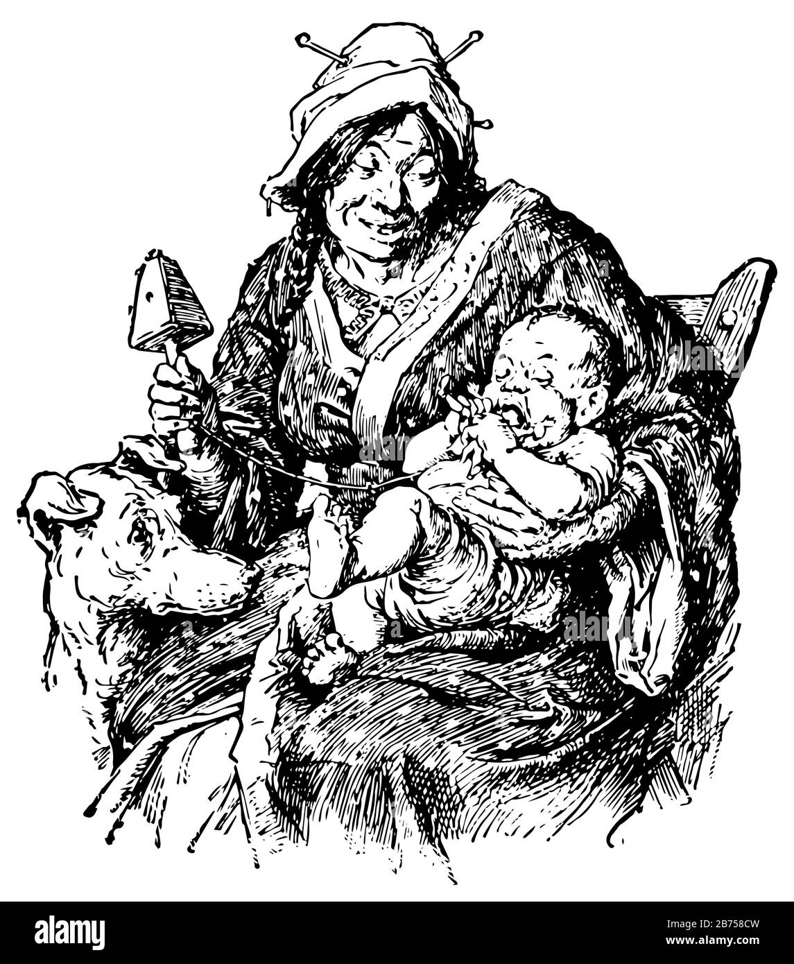 Madre con Il suo bambino, questa scena mostra una donna seduta sulla sedia con il bambino in grembo e cane guardando il bambino, lei tenendo il giocattolo in mano, LIN vintage Illustrazione Vettoriale