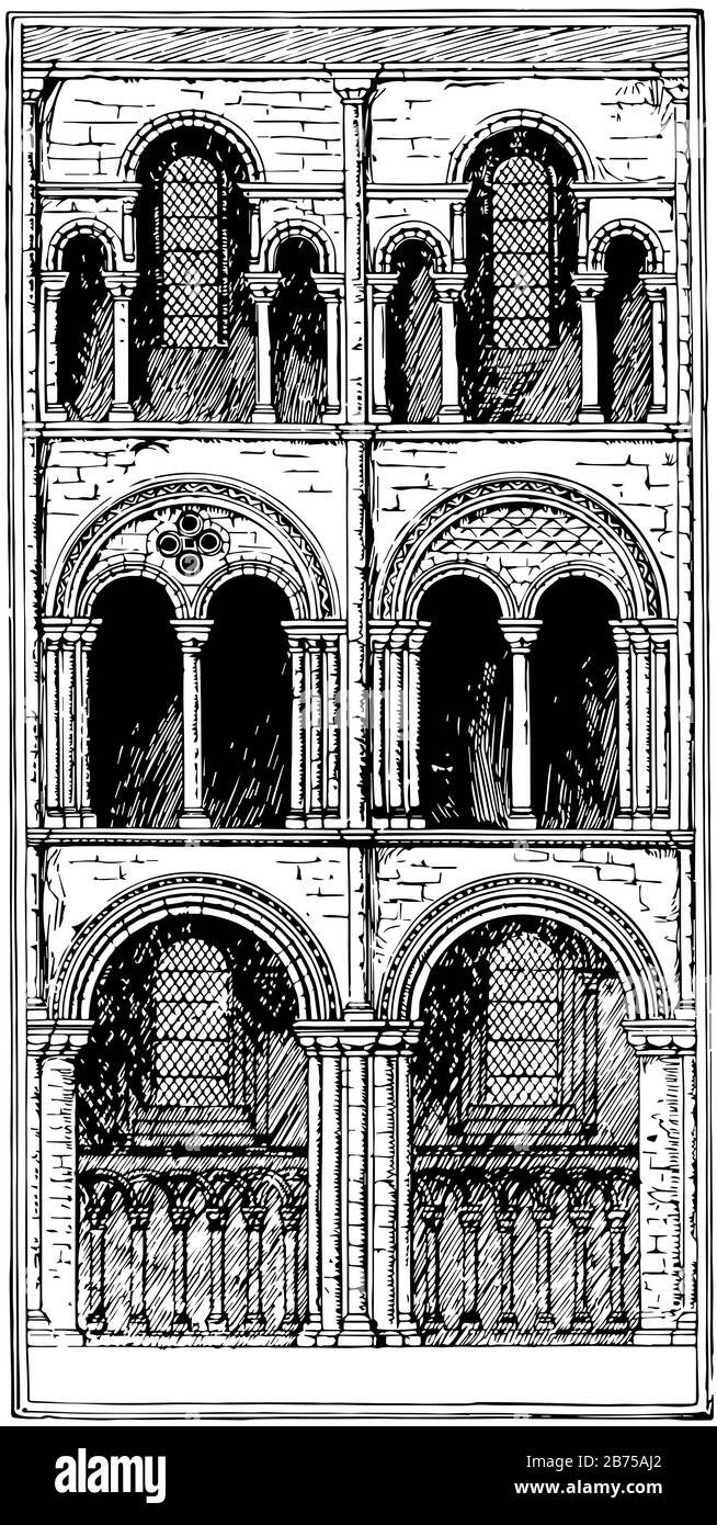 Baie di coro, architettura delle cattedrali in Inghilterra, Due baie di coro, tradizionalmente chiamato architettura normanna, vintage line drawing o eng Illustrazione Vettoriale