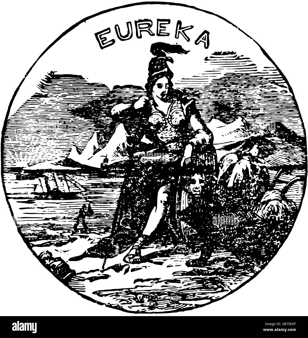 Il sigillo ufficiale dello stato americano della California nel 1889, le caratteristiche del sigillo sono la dea romana, una guaina di grano, un minatore, navi a vela e la parola Illustrazione Vettoriale