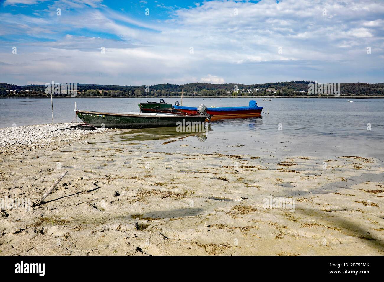 Dopo un'estate con poca pioggia, il livello dell'acqua sulla riva dell'isola di Reichenau sul lago di Costanza è sceso, il 18.09.2018. [traduzione automatica] Foto Stock