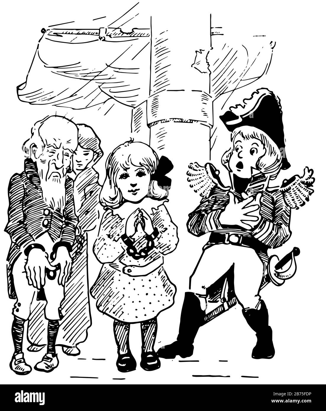 Jenny Lee, questa scena mostra due uomini e due donne sono a piedi, le mani di una donna e di un uomo legato da manette, linea vintage disegno o incisione malata Illustrazione Vettoriale