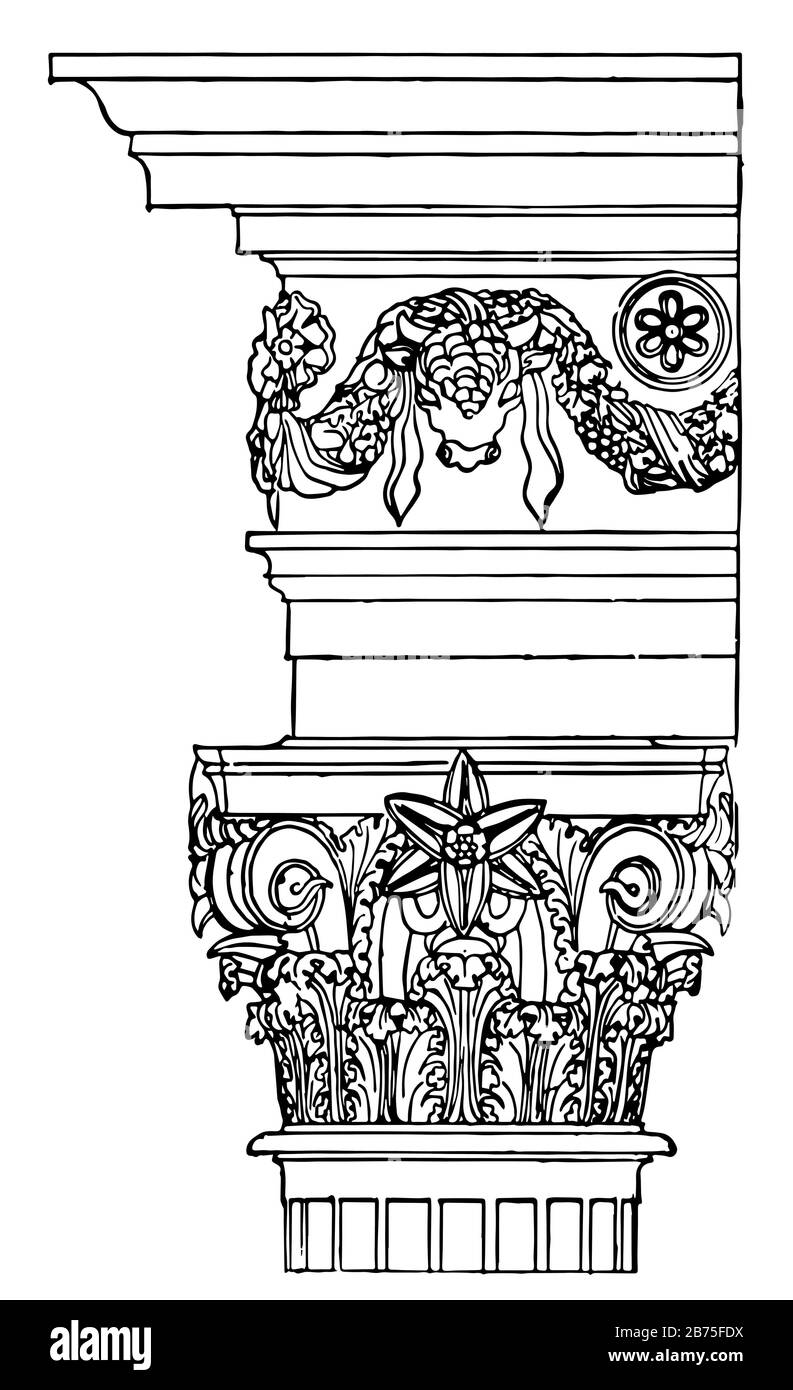 L'Ordine Corinzio, il Tempio di Vesta, l'iscrizione sull'architrave, Roma dalla Grecia via Magna Grecia, il disegno di linea d'epoca o l'incisione dell'illusta Illustrazione Vettoriale