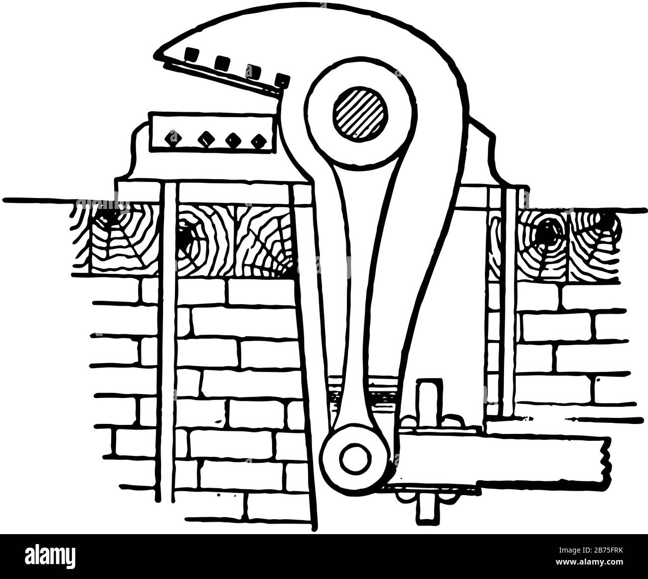 Questa illustrazione rappresenta le cesoie di ritaglio che sono usate in molte opere di ferro, disegno di linea vintage o illustrazione di incisione. Illustrazione Vettoriale