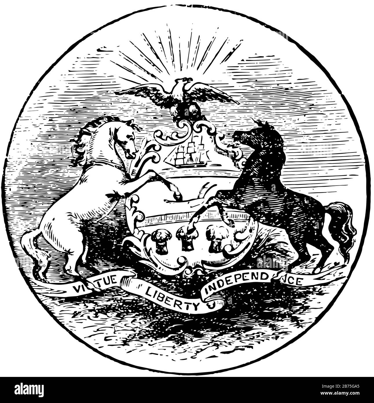 Il sigillo ufficiale dello stato degli Stati Uniti della Pennsylvania nel 1889, questo sigillo ha due cavalli intorno allo scudo, lo scudo ha la nave, aratro e tre pecore, l'aquila è Illustrazione Vettoriale