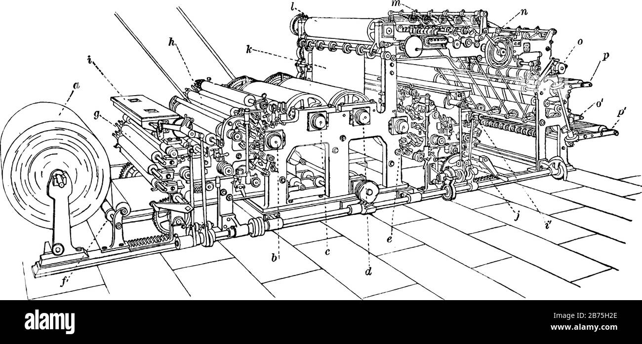 Questa illustrazione rappresenta Web Machine che è un altro tipo di macchina da stampa, disegno a linea vintage o illustrazione di incisione. Illustrazione Vettoriale